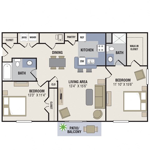 Floor plan for 2 beds, 2 baths, 1102 sqft